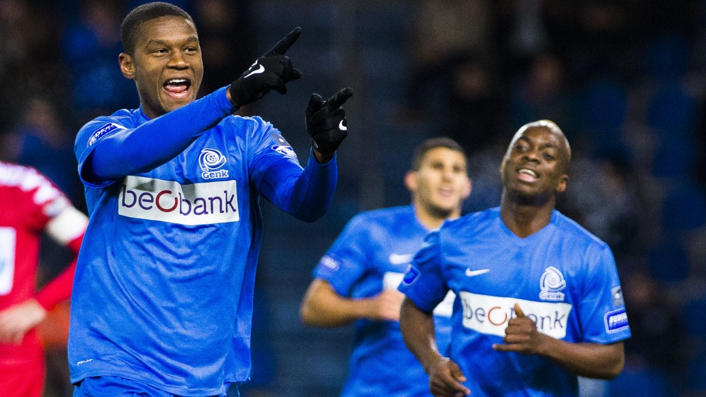 20160130 - GENK, BELGIUM: Genk's Christian Kabasele celebrates after scoring during the Jupiler Pro League match between KRC Genk and KV Kortrijk, in Genk, Saturday 30 January 2016, on day 24 of the Belgian soccer championship. BELGA PHOTO LAURIE DIEFFEMBACQ